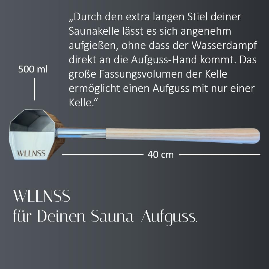 Saunakelle mit Regeneffekt 500 ml – Grosse Edelstahl Aufgusskelle mit langem Holzgriff – Gleichmässi