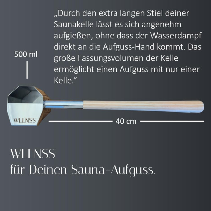 Saunakelle mit Regeneffekt 500 ml – Grosse Edelstahl Aufgusskelle mit langem Holzgriff – Gleichmässi