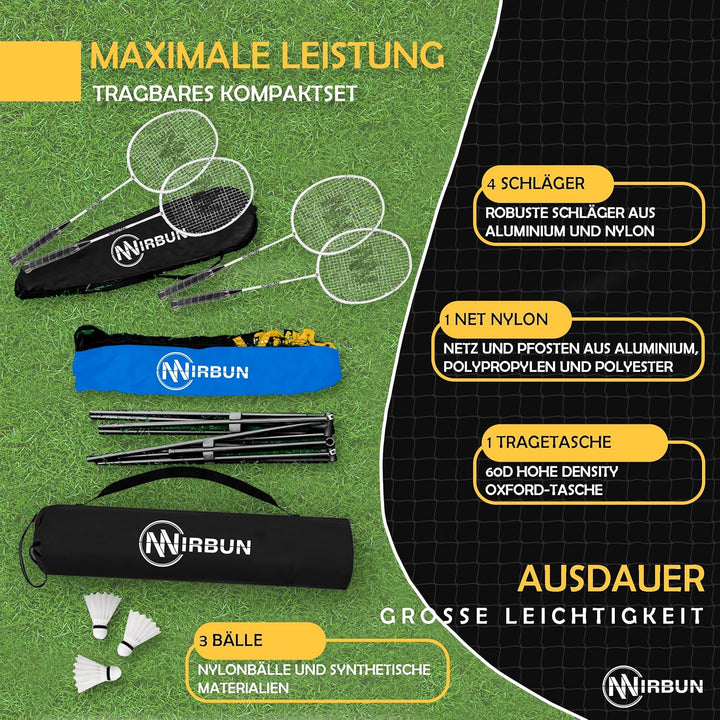 Badminton-Set für 4 Spieler mit Netz | Professionelle Schläger + 3 Federbälle + Tragetasche | Robust