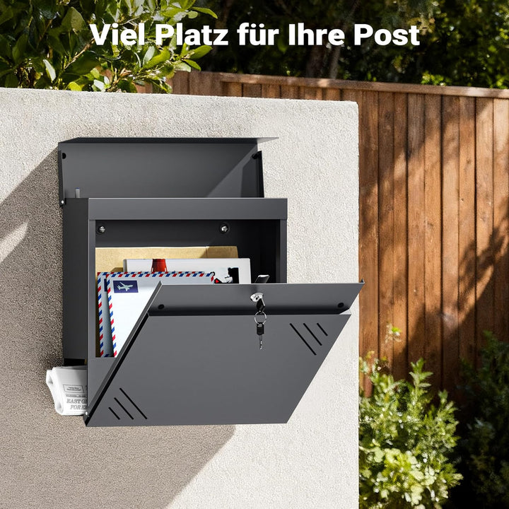 Wiltec Briefkasten Anthrazit V63 aus Stahl 37 x 11 x 37 cm, Wandbriefkasten mit Zeitungsfach und Sch
