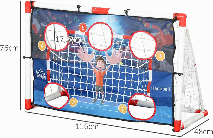 HOMCOM Handballkäfig Kind Outdoor, Tor 5 Zielzonen, aufblasbarer Handball, Pumpe, U-förmige Bodenher