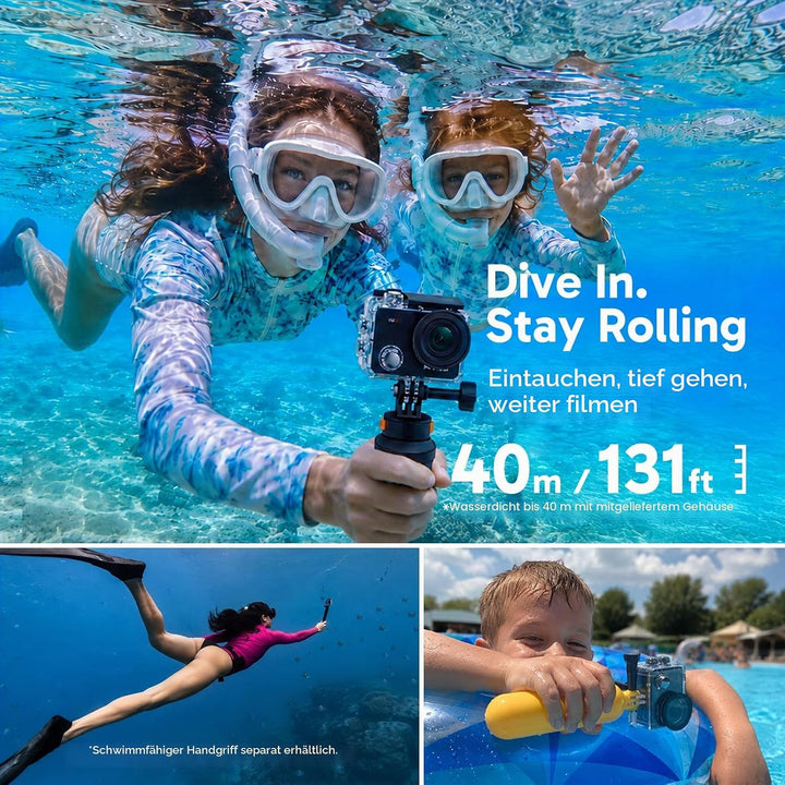 AKASO Action Cam 4K30FPS mit 60cm Stativ Selfie Stick und Tasche Unterwasserkamera WiFi 40M EIS Anti