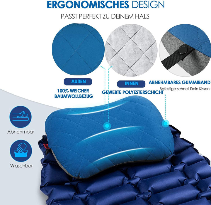 HIKENTURE Aufblasbares Camping/Reise Kissen mit Abziehbarem Kissenbezug, Ergonomisches Kopfkissen, K