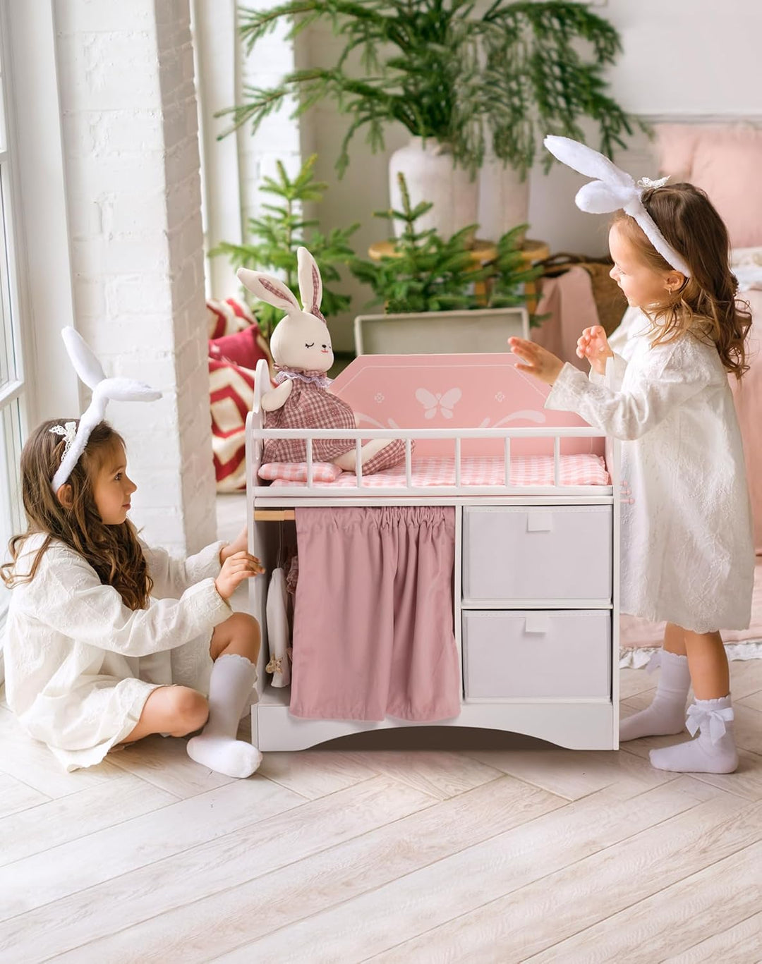 ROBOTIME Holz Puppenbett für Kinder, Baby Puppenbett mit Aufbewahrungsschrank und Bettwäsche, Puppen