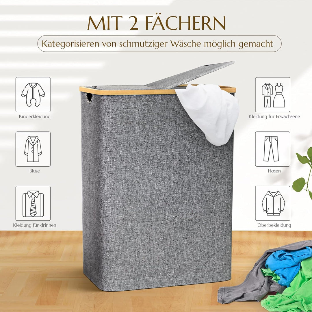 Wäschekorb mit Deckel 2 Fächer, 140L Wäschesammler schmal mit herausnehmbaren Wäschesack Laundry Bas