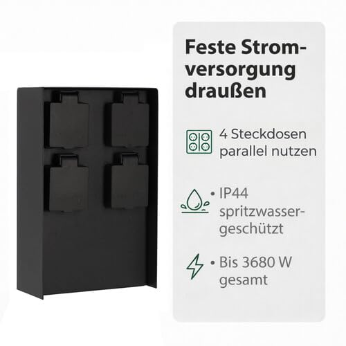 LED Universum Gartensteckdose aus Edelstahl, IP44 für aussen (Schwarz 4-fach), Schwarz 4-fach
