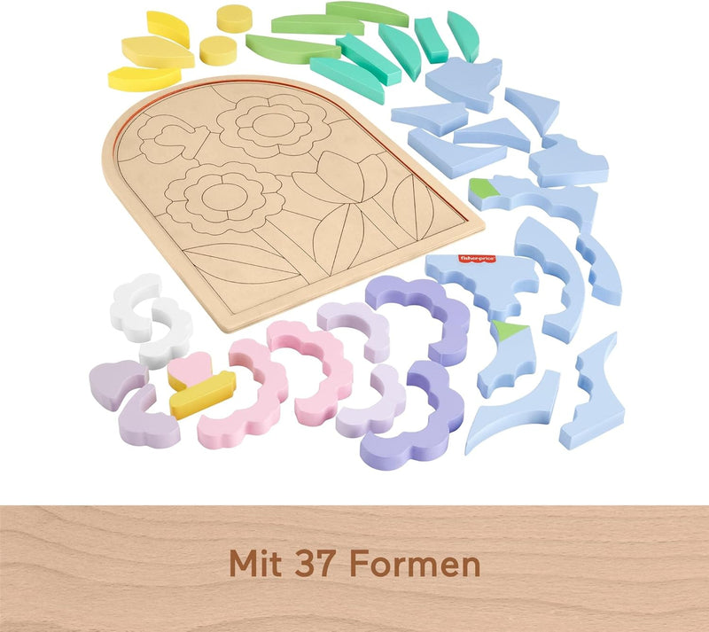 Fisher-Price Spielzeug für Kindergartenkinder Blumengarten Holz-Puzzle mit Stapelblöcken, 37 FSC-zer