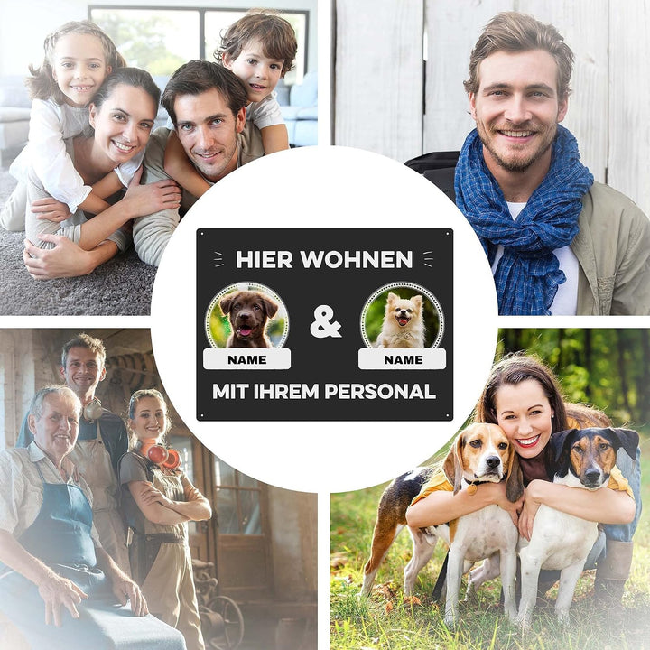 Hunde Schild personalisiert - Hier wohnt mit Personal - Metallschild mit Foto und Name für aussen, w