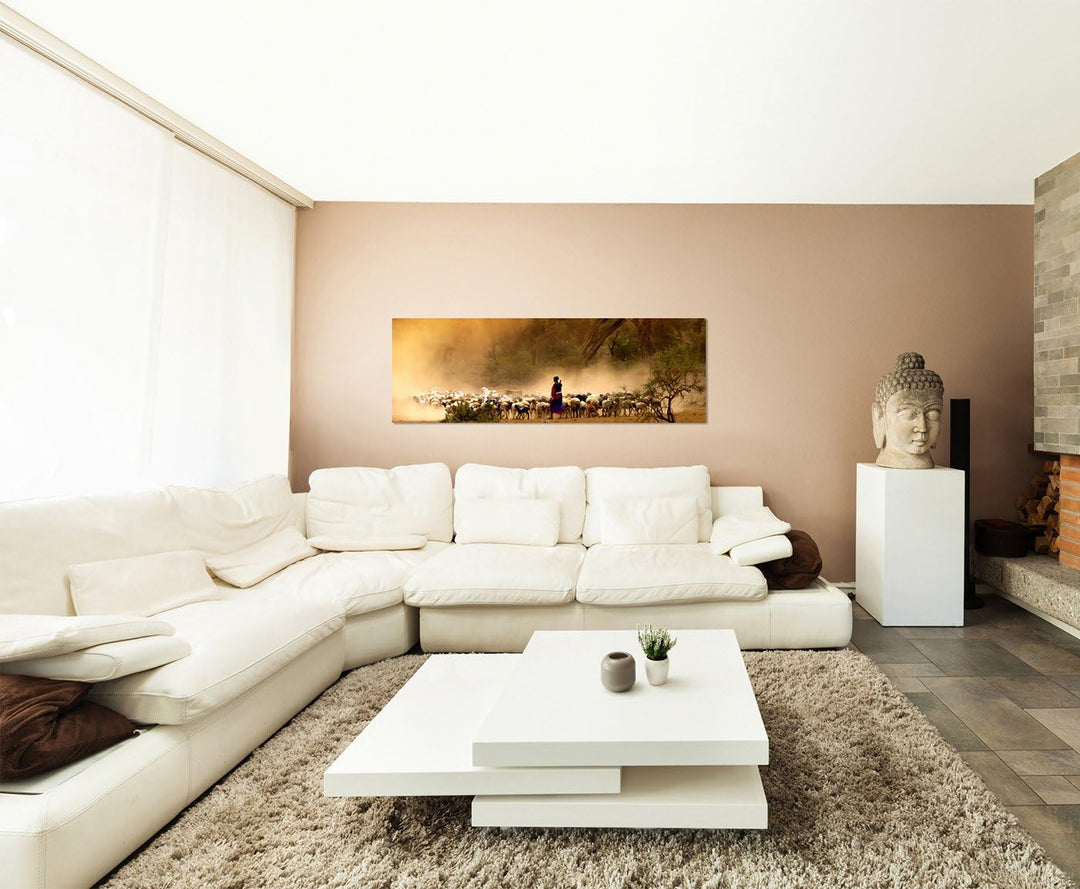 Paul Sinus Art Panoramabild auf Leinwand und Keilrahmen 150x50cm Afrika Hirte Schafherde Bäume Nebel