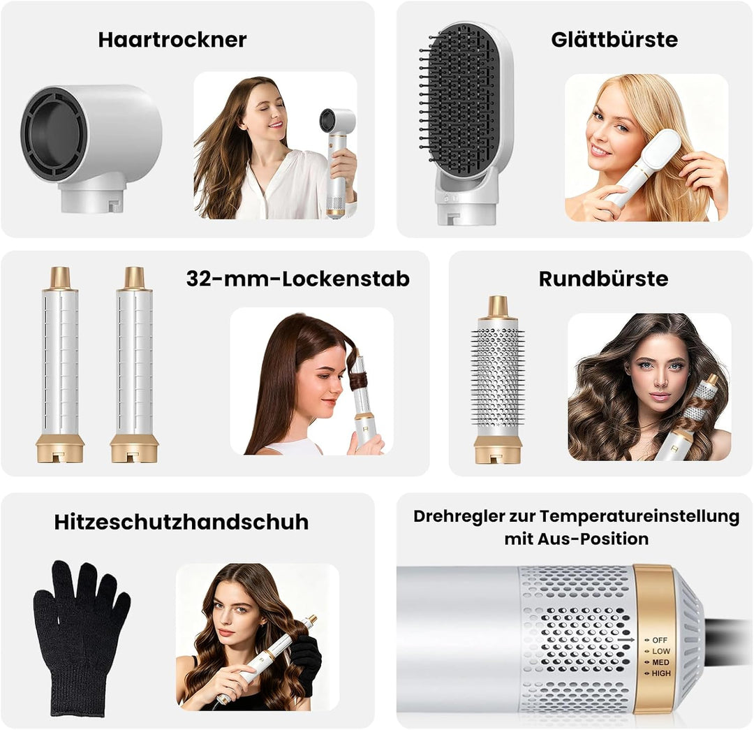 Hair Styler 5-in-1, Airstyler Haarstyler Set mit Rundbürstenföhn, Warmluftbürste, Airflow Lockenstab