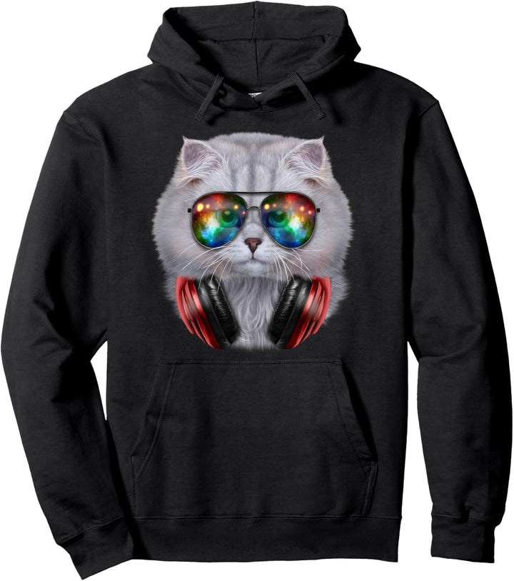 Weisse Katze, die Raumsonnenbrille und Kopfhörer trägt Pullover Hoodie