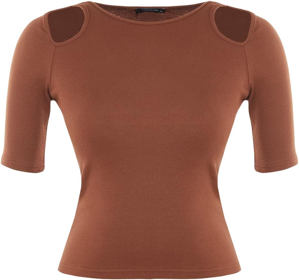 Trendyol Damen Bluse, schmal, figurbetont, Rundhalsausschnitt, Strick, Übergrösse Hemd 4XL Braun, 4X