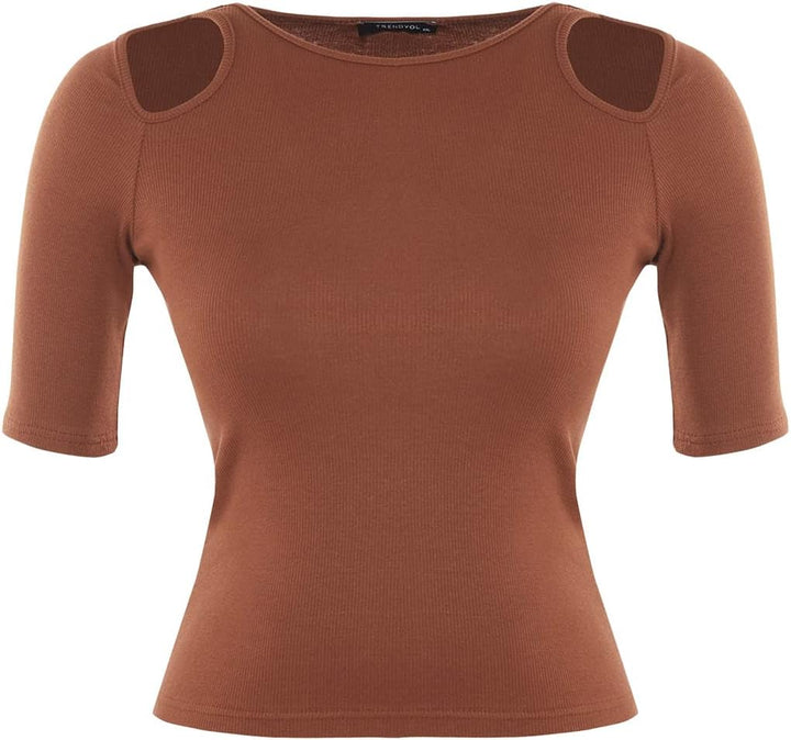 Trendyol Damen Bluse, schmal, figurbetont, Rundhalsausschnitt, Strick, Übergrösse Hemd 4XL Braun, 4X