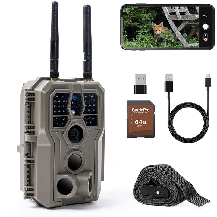 GardePro E8 2.0 Wildkamera Dual Antenne WLAN mit 64GB SD Karte, 64MP H.264 4K Video, 30m Infrarot Na