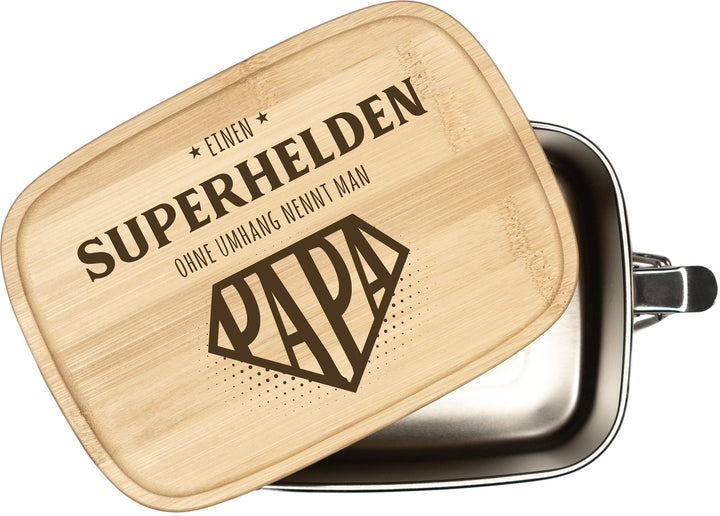 Tassenbrennerei Brotdose mit Spruch - Einen Superhelden ohne Umhang nennt man Papa - 1000ml Edelstah