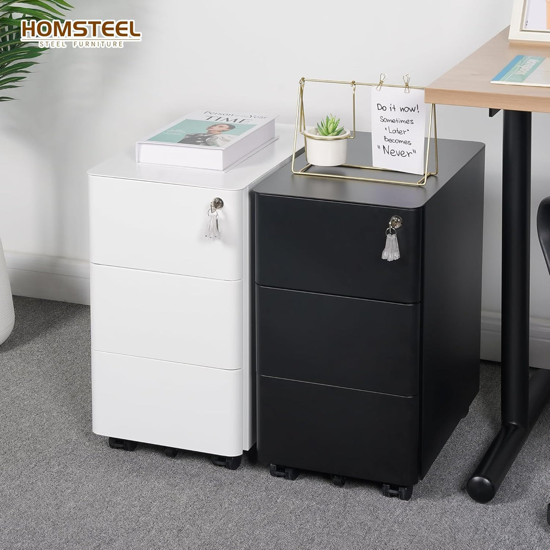 Rollcontainer, Mobiler Aktenschrank mit Schloss, Abgerundeten Ecken, 4 Schlüssel, 3 Schubladen, Druc