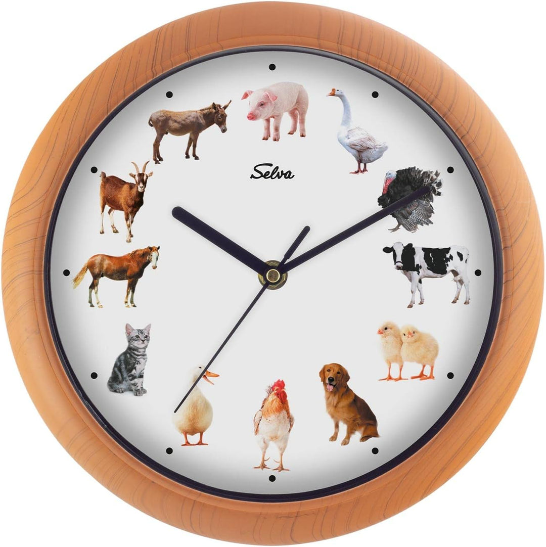 SELVA Tieruhr, Wanduhr, mit Tierlauten zu jeder Stunde und farbenfrohe Illustrationen, Gehäuse aus K