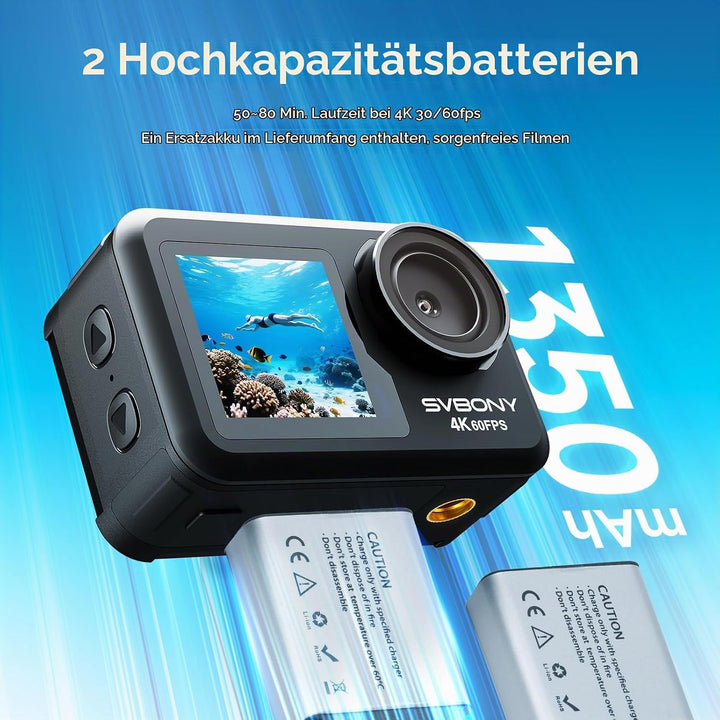 SVBONY 4K 60FPS Unterwasserkamera, EIS2.0 Stabilisierung, Wasserdicht bis 12 Meter ohne Gehäuse, Spr