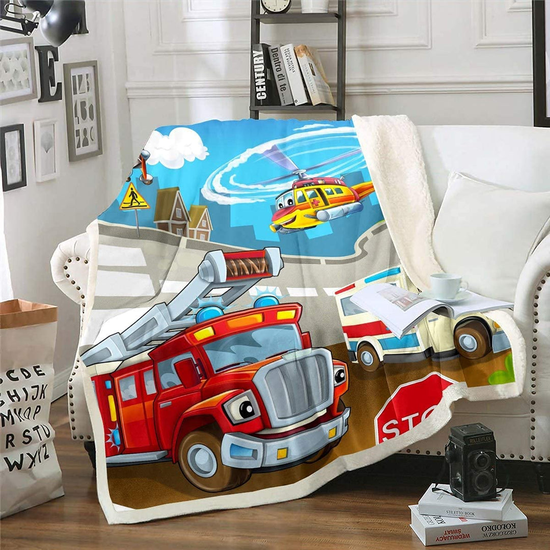 Karikatur Auto Kuscheldecke Feuerwehrwagen Krankenwagen Decke 150x200cm für Kinder Jungen Mädchen Fe