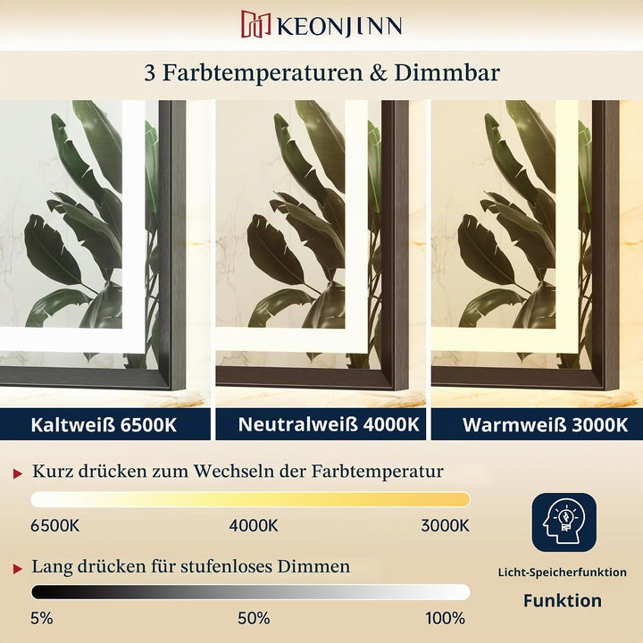 Keonjinn Badspiegel mit Beleuchtung Schwarz Metallrahmen 50x70cm, Badezimmerspiegel Beleuchtet Besch