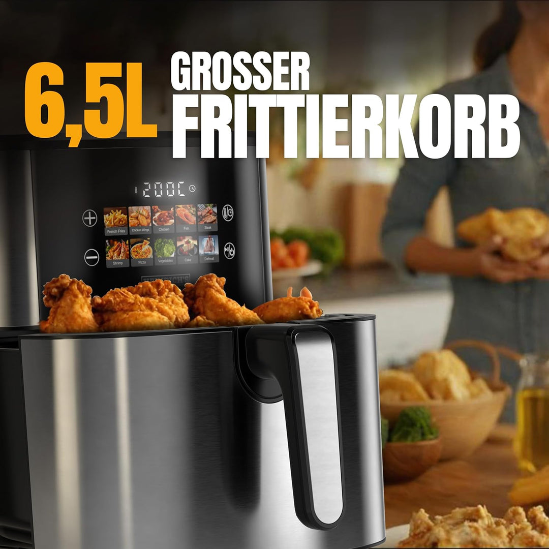 HEINRICHS Heissluftfritteuse, 6,5 Liter XXL Air Fryer, 10in1 Airfritteuse, LED-Color-Display mit Sen