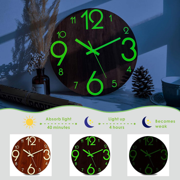 Plumeet Leuchtende Wanduhr - 30 cm Leise Holzuhr Fluoreszierend - Grosse Dekorative Wanduhr für Küch