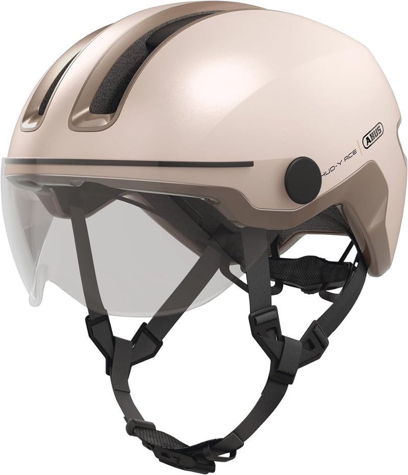 ABUS Stadthelm HUD-Y ACE - stylischer Fahrradhelm mit Visier und magnetischem, aufladbarem LED-Rückl