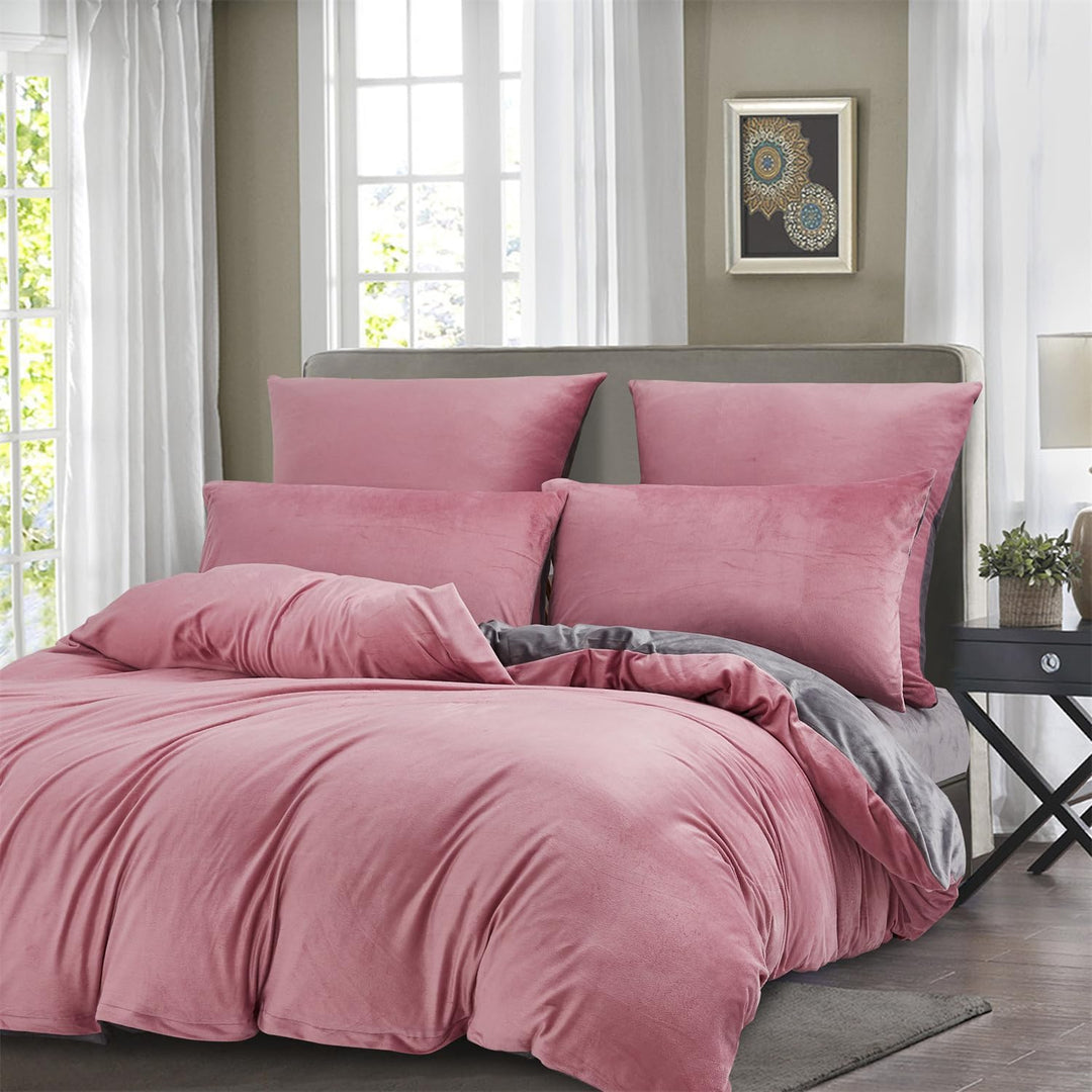 Boqingzhu Plüsch Bettwäsche 200×220cm Biber Rosa Altrosa Grau Flanell Winter Warm Kuschelig Flauschi