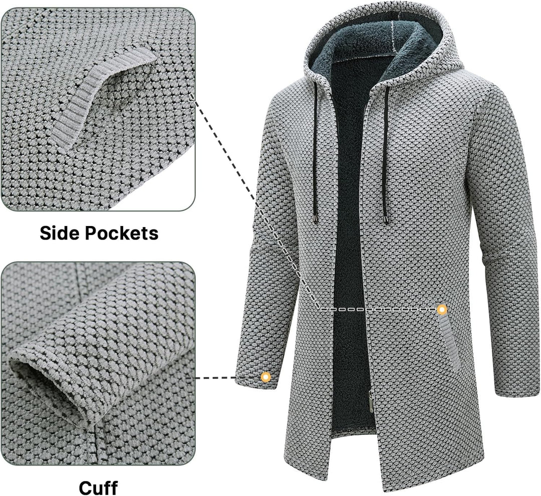 KUDORO Strickjacke Herren Cardigan Lang Trachtenjacke Kapuze mit Kapuze Gestrickt Pullover Hoodie Wi