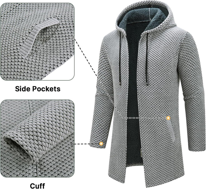 KUDORO Strickjacke Herren Cardigan Lang Trachtenjacke Kapuze mit Kapuze Gestrickt Pullover Hoodie Wi