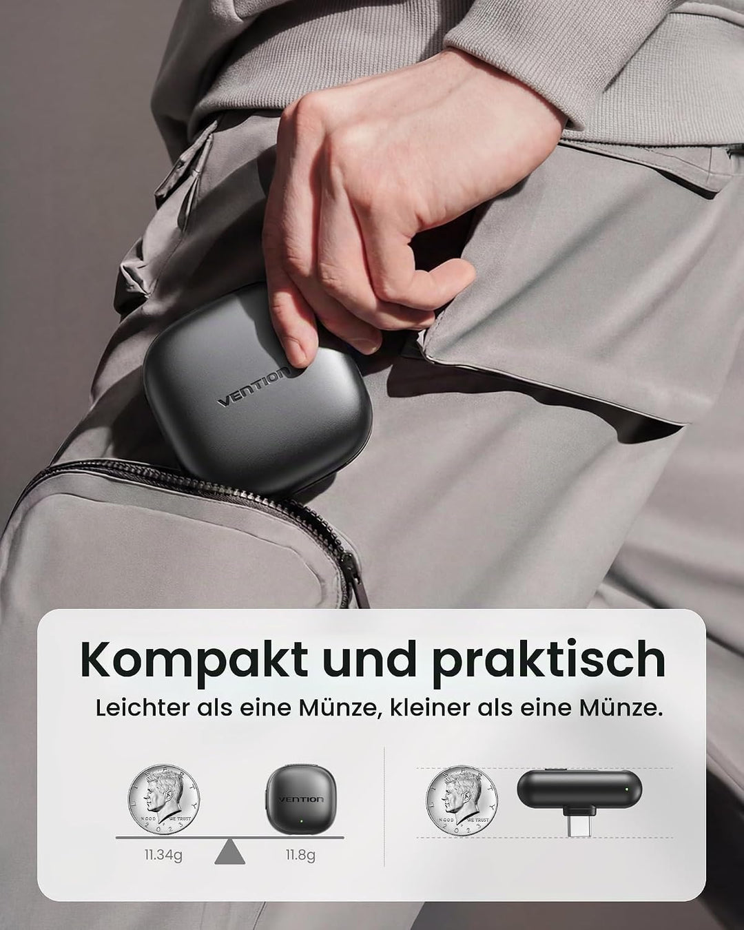 VENTION Mini-Funkmikrofon für iPhone 17/16/15 Pro Max, [Plug and Play] USB-C Bluetooth Mikrofon für