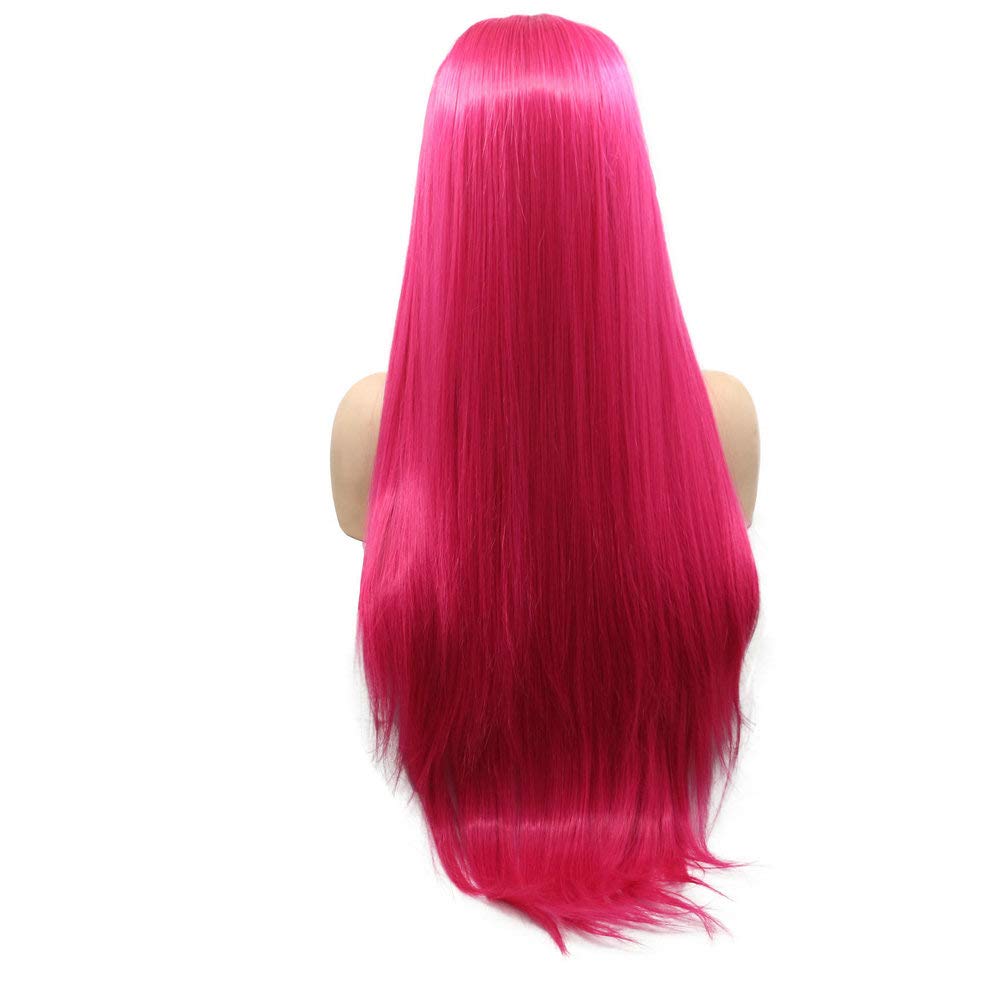 Hellrosa Perücke, lang, glatt, synthetische Lace-Front-Perücke für Damen, Hot Red Pink, halb handgek