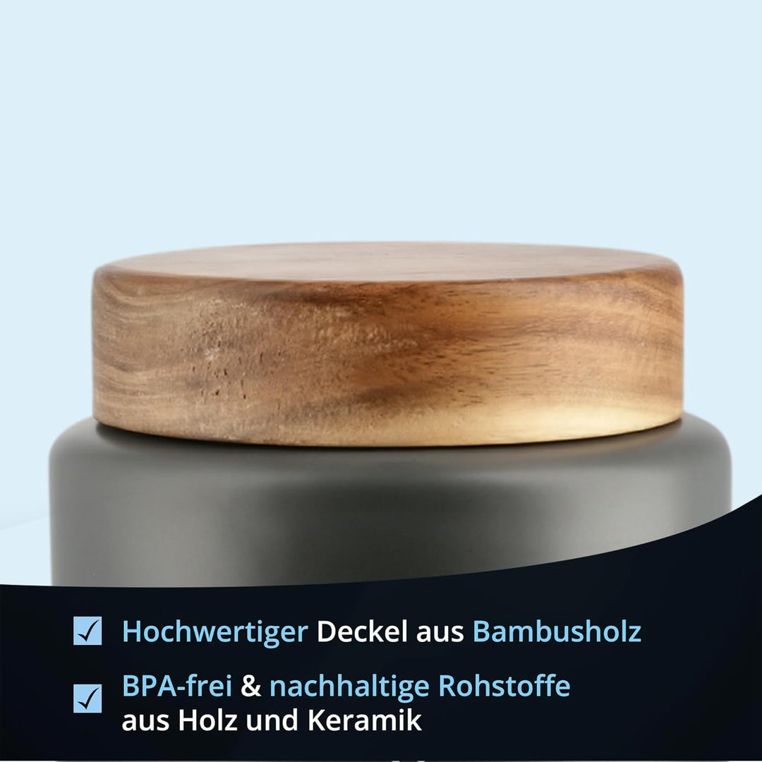 KHG Kaffeedose luftdicht, Keramik Steingut in Anthrazit Grau mit Holz-Deckel, Kapazität 1 Liter, Vor
