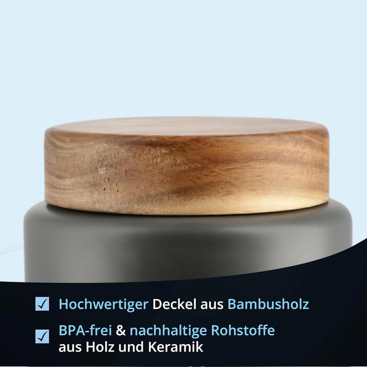 KHG Kaffeedose luftdicht, Keramik Steingut in Anthrazit Grau mit Holz-Deckel, Kapazität 1 Liter, Vor