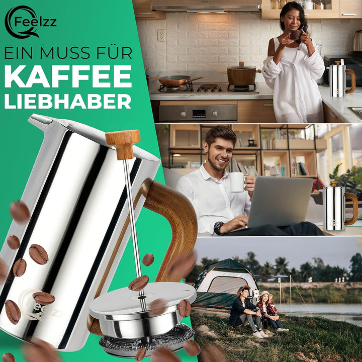 QFeelzz French Press – Edelstahl Kaffeebereiter mit Holzelementen – Thermo Kaffeepresse [Silber-Desi
