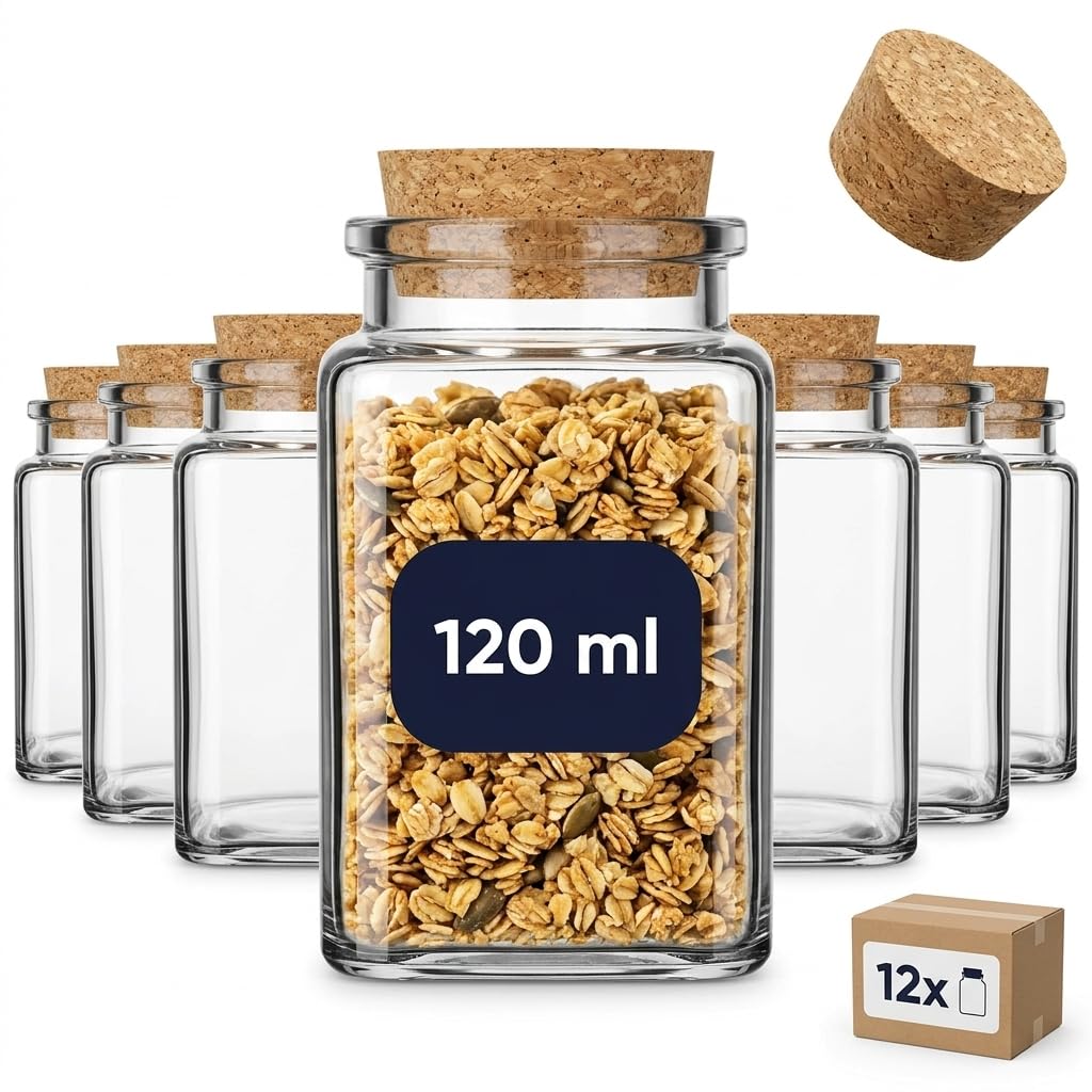 gouveo 12er Set Gewürzgläser 120 ml (0,12 l) Gewürzglas 120 ml hoch eckig mit Korken mit Presskorken