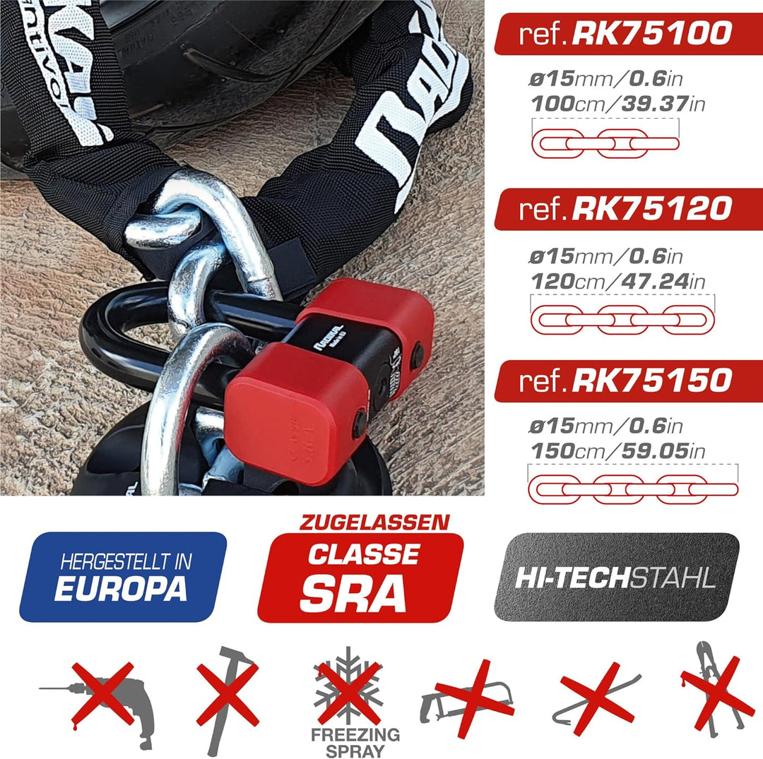 RADIKAL RK75120 Bremsscheibenschloss + Hochsicherheitskette Motorrad Diebstahlsicherung Zugelassen C