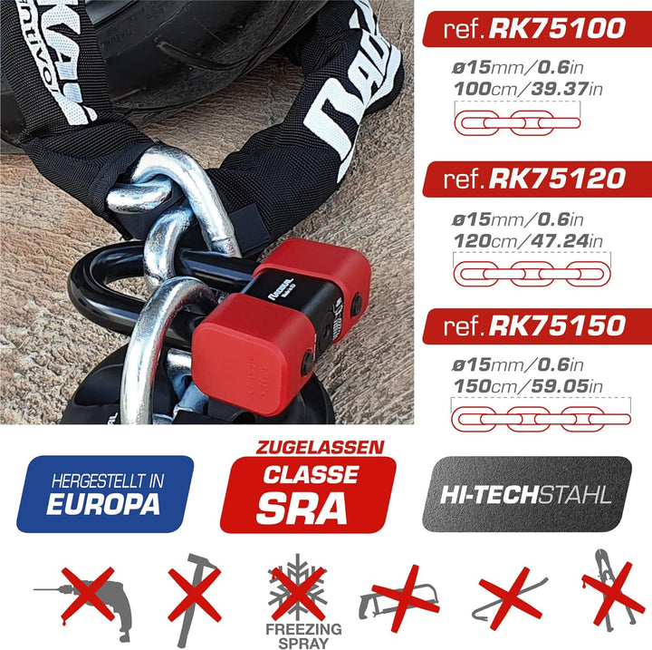 RADIKAL RK75120 Bremsscheibenschloss + Hochsicherheitskette Motorrad Diebstahlsicherung Zugelassen C