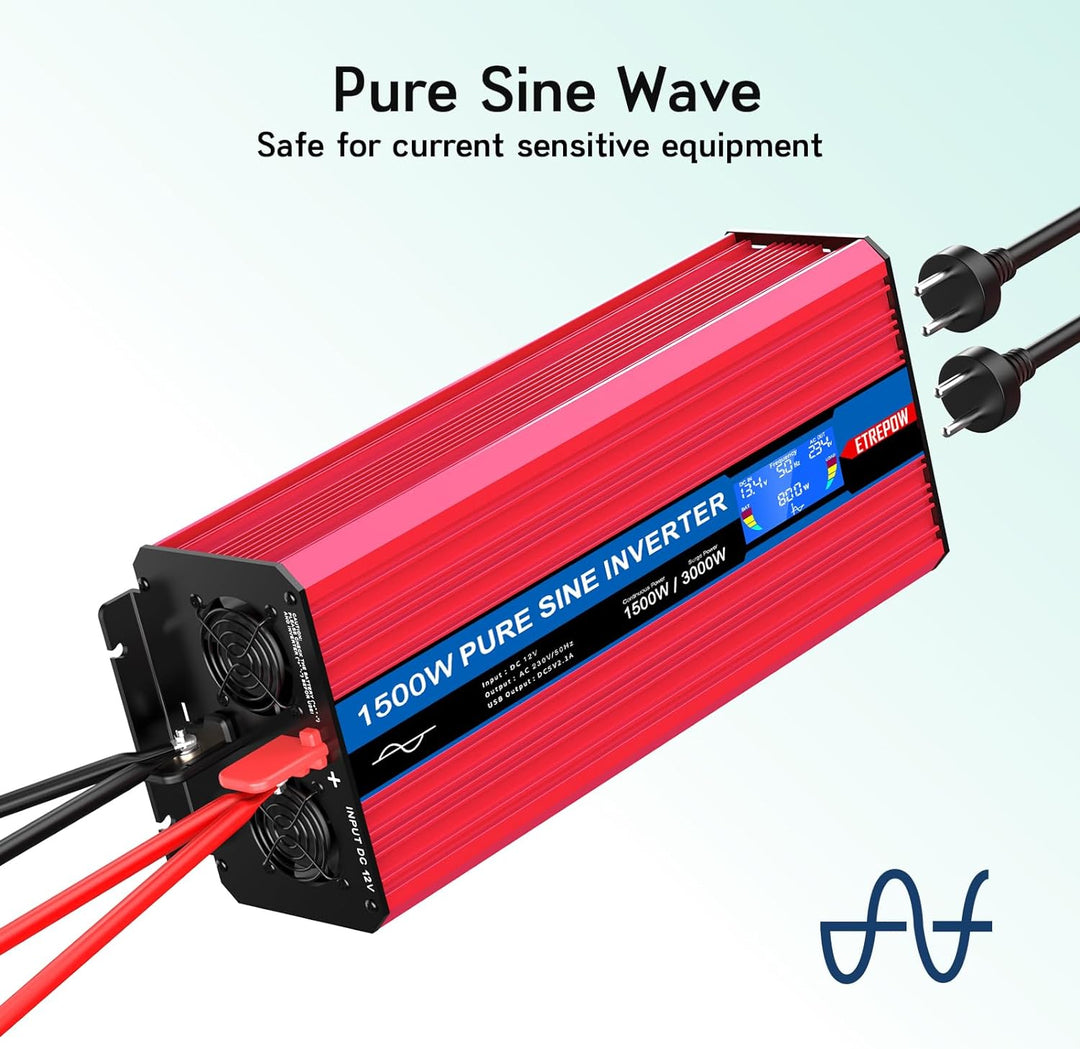 ETREPOW 1500w Wechselrichter 12v Auf 230v Reiner Sinus Spannungswandler mit 2 EU-Steckdose und Einer