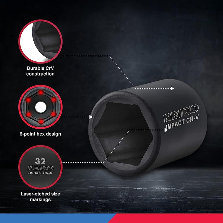 Neiko 02447A 1/2-Inch Drive Shallow Impact Socket Set with Extension Bars, 32-Piece | SAE (3/8" to 1