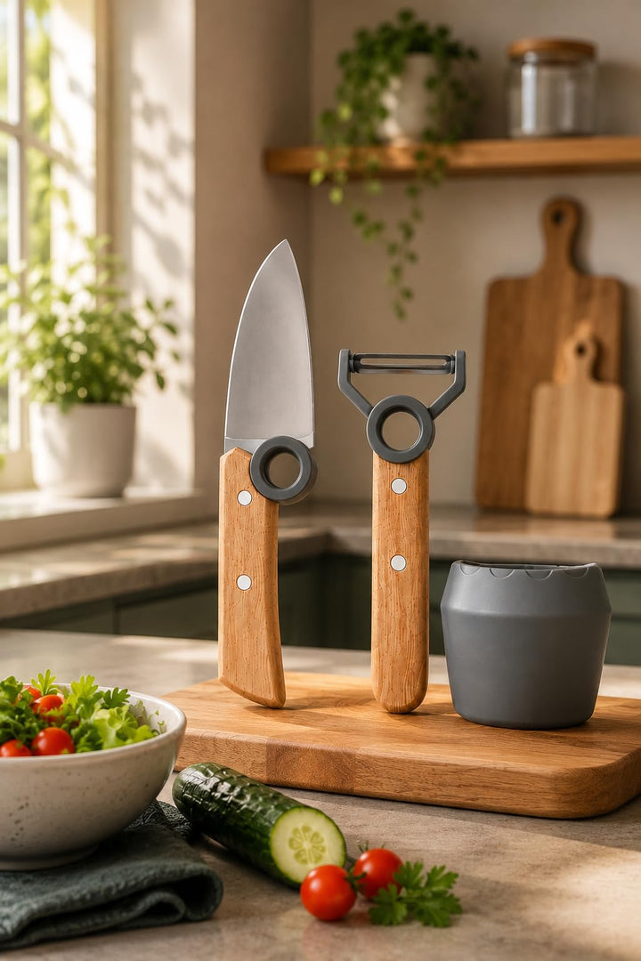 Kinder Kochmesser Set - 3 teilig - Kochmesser - Fingerschutz - Sparschäler - rostfrei Rot Grau, Grau