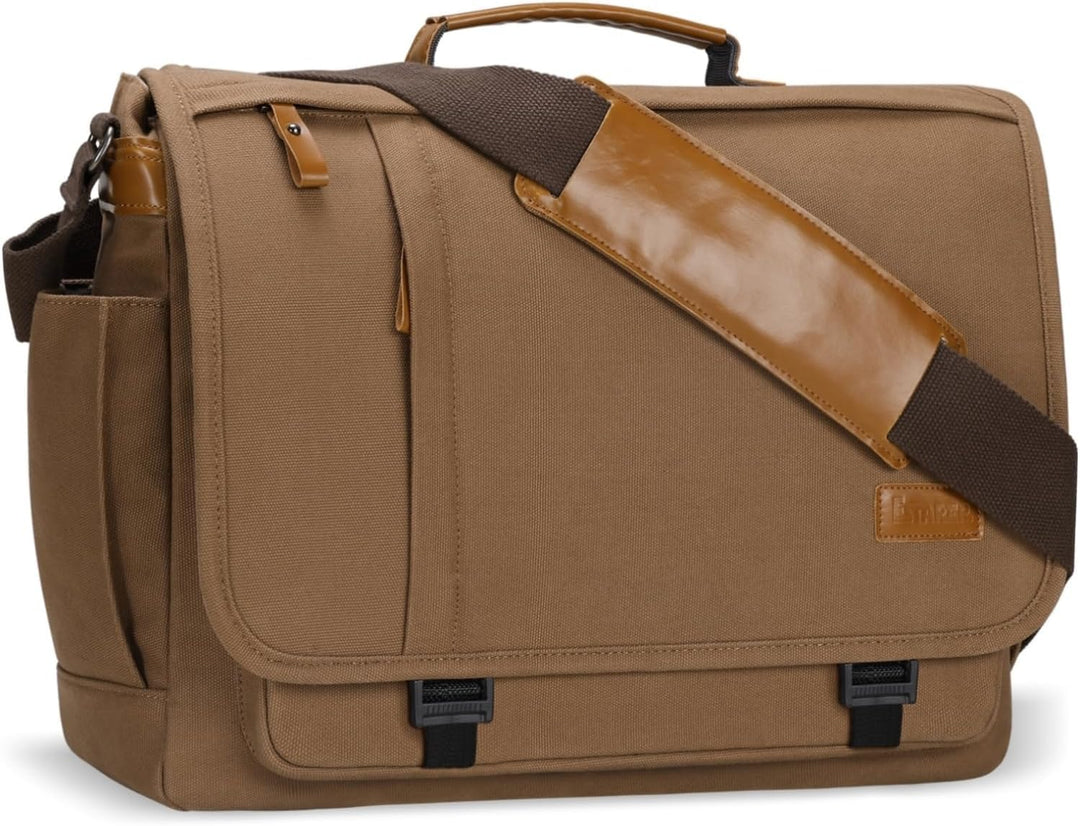 ESTARER Laptoptasche 17 Zoll Umhängetasche Canvas für Arbeit Uni, Braun Braun 17.3 Zoll (Schnallen),