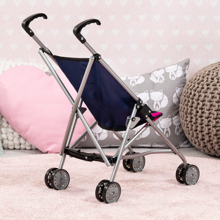 Bayer Design 30154AA Puppenbuggy, Puppenwagen, Doppelräder, Gurt, leicht faltbar, aus Metall, Blau,