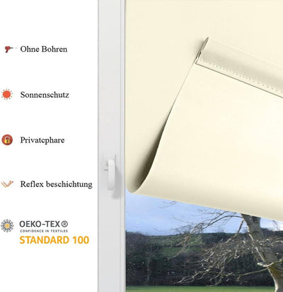Eurohome Verdunkelungsrollo Thermo Rollo 100x130cm (Stoffbreite 96 cm) Creme Klemmfix ohne Bohren mi