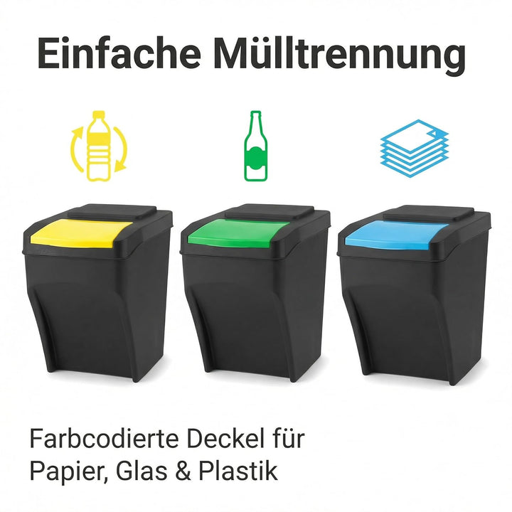 Practic 3 x 25L Mülleimer Küche Stapelbox 3 Fächer - Mülltonnenbox 3er - Abfalleimer Küche mit Decke