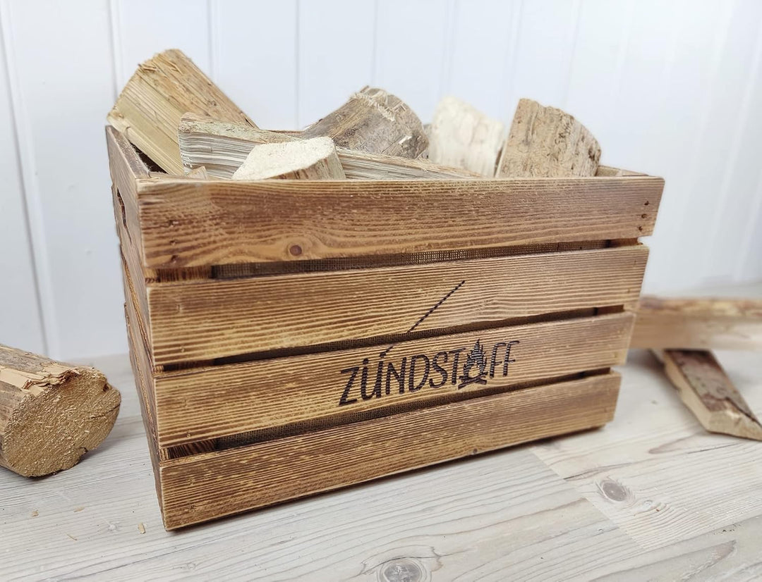 Rustikale KAMINHOLZKISTE mit Griffen"Zündstoff" Kaminholzkorb aus Holz Brennholzträger Vintage Kiste
