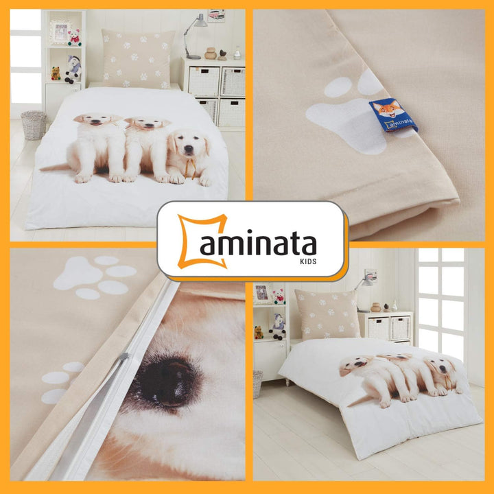 Aminata kids Bettwäsche Hund 135x200 Hunde-Pfoten-Motiv Hundewelpen Kinder-Bettwäsche-Set Baumwolle