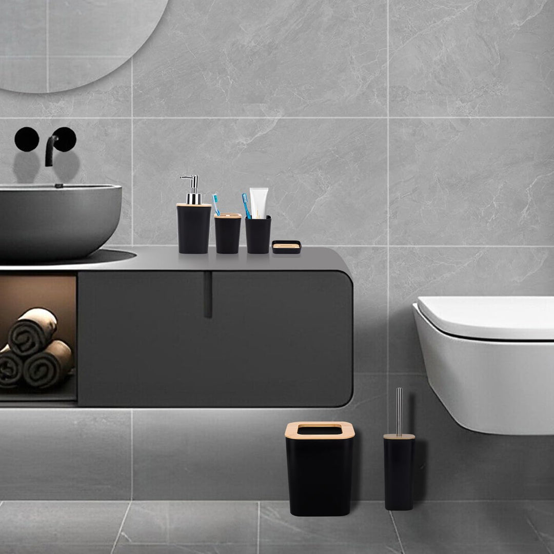 Badezimmer Zubehör Set 7Pcs Waschraum Zubehör Set aus Bambus, Lotion-Flaschen, Zahnbürstenhalter, Za