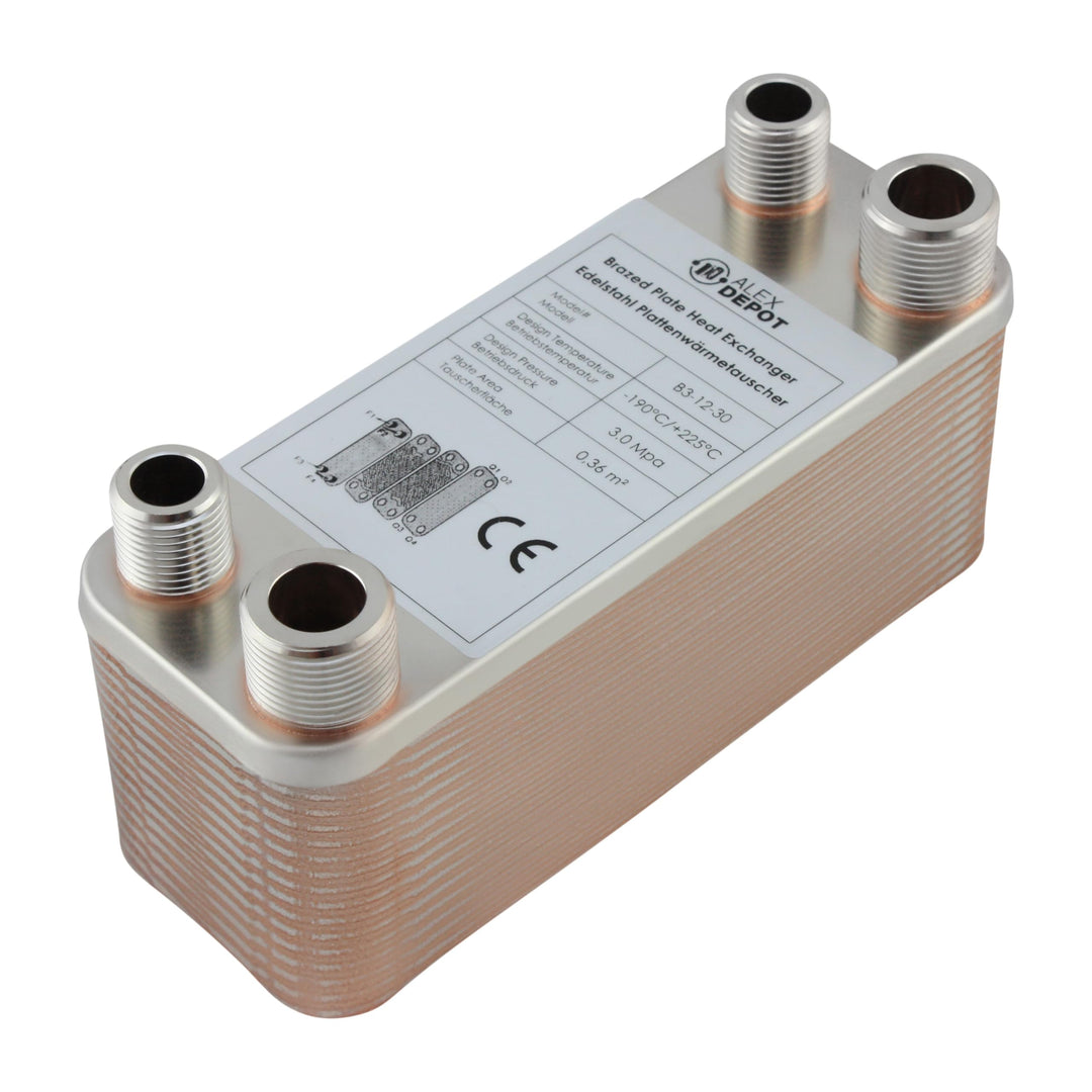 Edelstahl Plattenwärmetauscher B3-12-30 mit 2x1/2 & 2x3/4 Zoll Anschl. 65kW Heizung Solar (PWT)