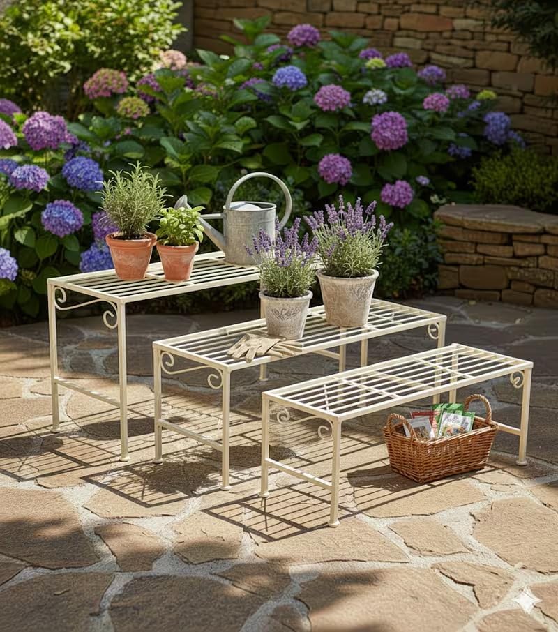 PrimoLiving Metall XL Blumentreppe 3-teilig creme - Klappbare 3-stufige Blumenbank Metall-Bank Blume